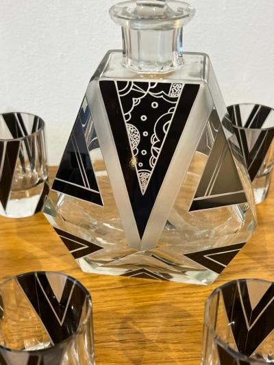Travail Francais Art Deco Bohemian Glass Decanter Set