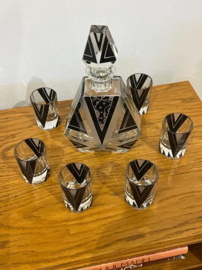 Travail Francais Art Deco Bohemian Glass Decanter Set