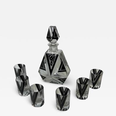 Travail Francais Art Deco Bohemian Glass Decanter Set