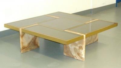 Travertine Base Brass and Mirrored Glass Cocktail Table