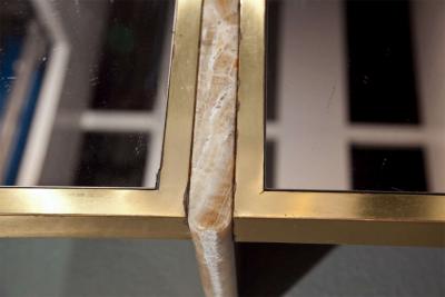 Travertine Base Brass and Mirrored Glass Cocktail Table