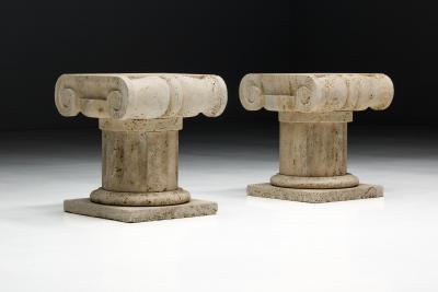 Travertine Ionic Pedestal Side Tables Italy Late 20th Century