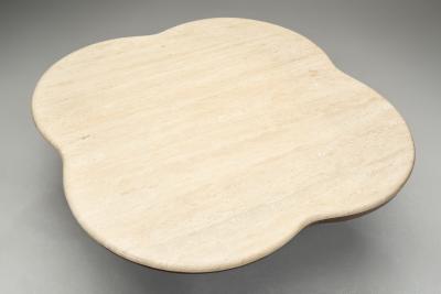 Travertine and Wood Coffee Table France 1970s