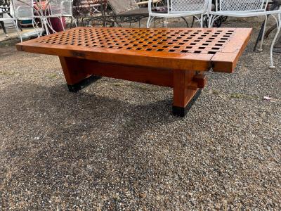 Trestle Base Coffee Table Oak with Vintage Ship Grate Top