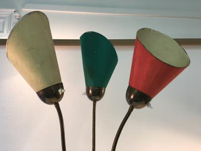 Tri Color 1950s Italian Modernist Black Iron Brass and Rope Tripod Floor Lamp