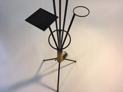 Tri Color 1950s Italian Modernist Black Iron Brass and Rope Tripod Floor Lamp