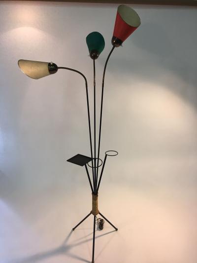 Tri Color 1950s Italian Modernist Black Iron Brass and Rope Tripod Floor Lamp