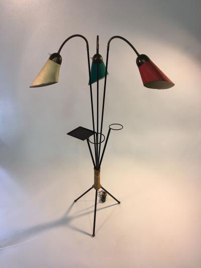 Tri Color 1950s Italian Modernist Black Iron Brass and Rope Tripod Floor Lamp