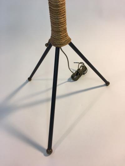 Tri Color 1950s Italian Modernist Black Iron Brass and Rope Tripod Floor Lamp
