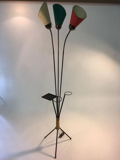Tri Color 1950s Italian Modernist Black Iron Brass and Rope Tripod Floor Lamp