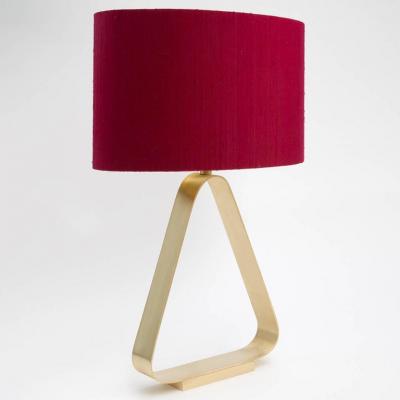Triangular Brass Table Lamp with Red Linen Lampshade