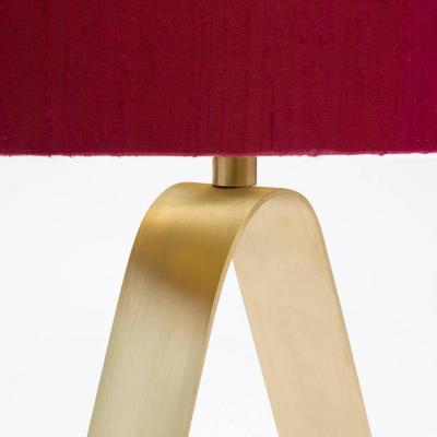 Triangular Brass Table Lamp with Red Linen Lampshade