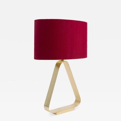 Triangular Brass Table Lamp with Red Linen Lampshade