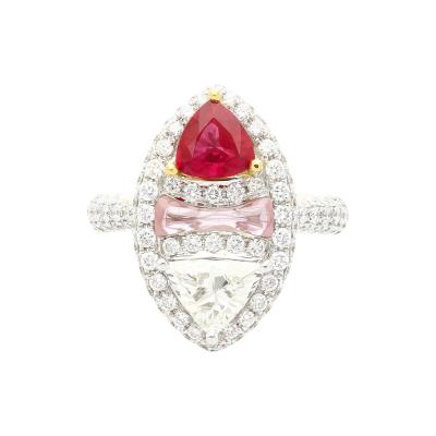 Trilliant Cut Burma Ruby and Diamond Long Oval Shaped Toi Et Moi Ring