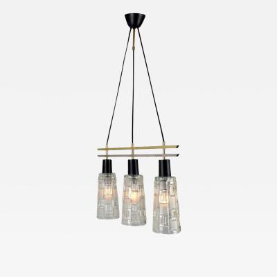 Triple Light Chandelier in Brass Chrome and Clear Glass 1960s