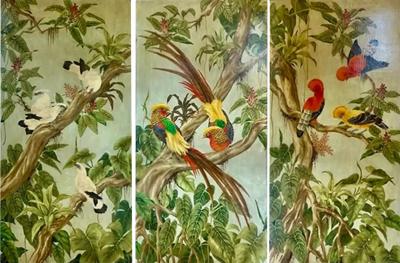 Triptych Paintings of Tropical Birds Parrots