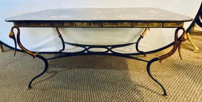Trouvailles Toile Coffee or Low Table Gilt Metal Base and Corner Stork Heads