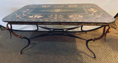 Trouvailles Toile Coffee or Low Table Gilt Metal Base and Corner Stork Heads
