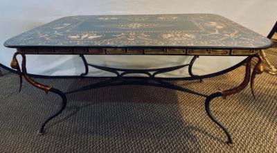 Trouvailles Toile Coffee or Low Table Gilt Metal Base and Corner Stork Heads