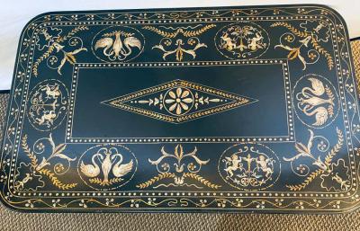 Trouvailles Toile Coffee or Low Table Gilt Metal Base and Corner Stork Heads