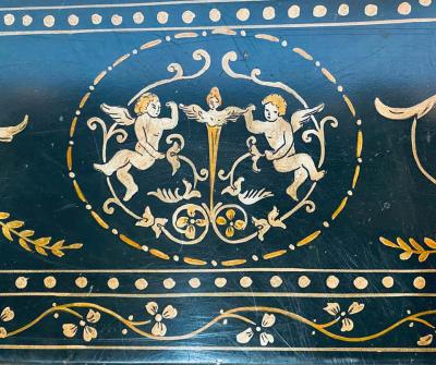Trouvailles Toile Coffee or Low Table Gilt Metal Base and Corner Stork Heads