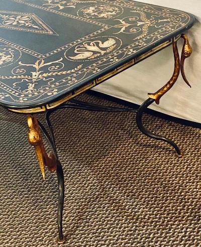 Trouvailles Toile Coffee or Low Table Gilt Metal Base and Corner Stork Heads