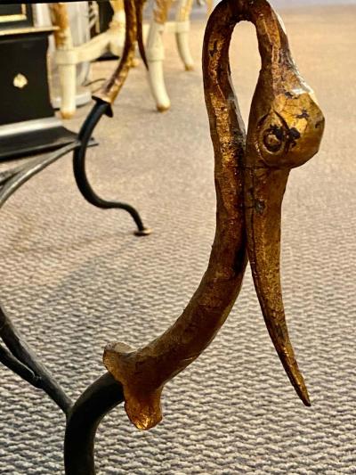 Trouvailles Toile Coffee or Low Table Gilt Metal Base and Corner Stork Heads