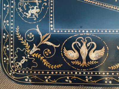 Trouvailles Toile Coffee or Low Table Gilt Metal Base and Corner Stork Heads