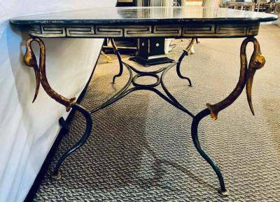 Trouvailles Toile Coffee or Low Table Gilt Metal Base and Corner Stork Heads