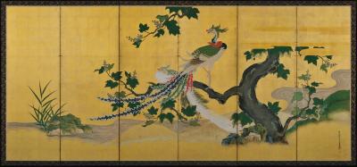 Tsunetake Yotei 18 c Phoenix Peacocks Japanese folding screen pair