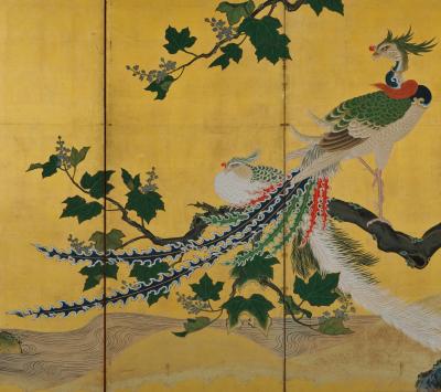 Tsunetake Yotei 18 c Phoenix Peacocks Japanese folding screen pair