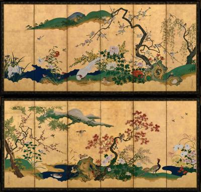 Tsurusawa Tangei Japanese Screen Pair 18th Century Flowers Birds of the Four Seasons