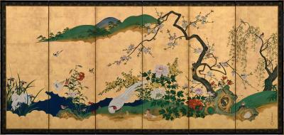 Tsurusawa Tangei Japanese Screen Pair 18th Century Flowers Birds of the Four Seasons