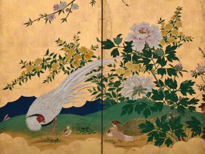 Tsurusawa Tangei Japanese Screen Pair 18th Century Flowers Birds of the Four Seasons