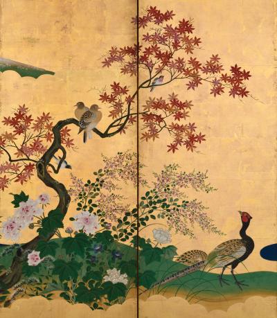 Tsurusawa Tangei Japanese Screen Pair 18th Century Flowers Birds of the Four Seasons