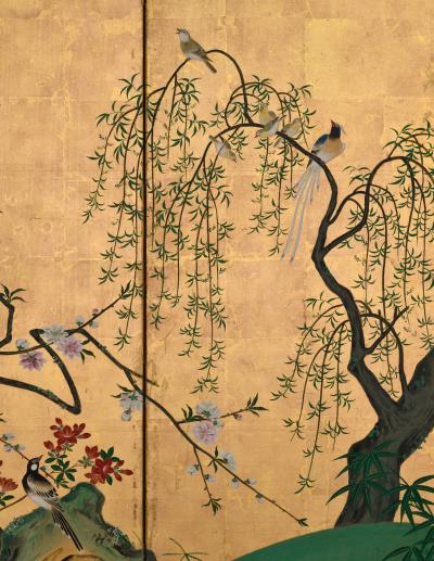 Tsurusawa Tangei Japanese Screen Pair 18th Century Flowers Birds of the Four Seasons