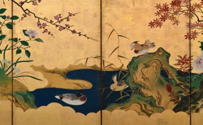 Tsurusawa Tangei Japanese Screen Pair 18th Century Flowers Birds of the Four Seasons
