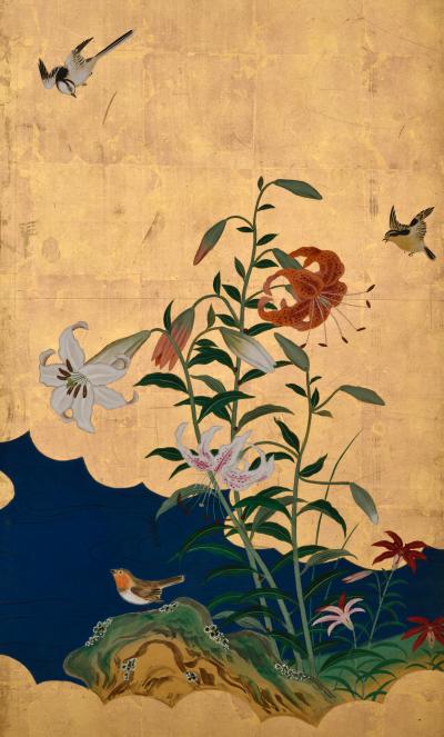 Tsurusawa Tangei Japanese Screen Pair 18th Century Flowers Birds of the Four Seasons