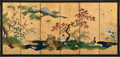 Tsurusawa Tangei Japanese Screen Pair 18th Century Flowers Birds of the Four Seasons
