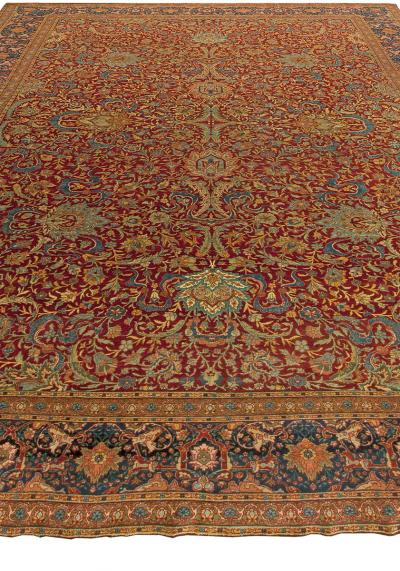 Turkish Hereke Antique Floral Red Green Blue Yellow Handmade Wool Rug