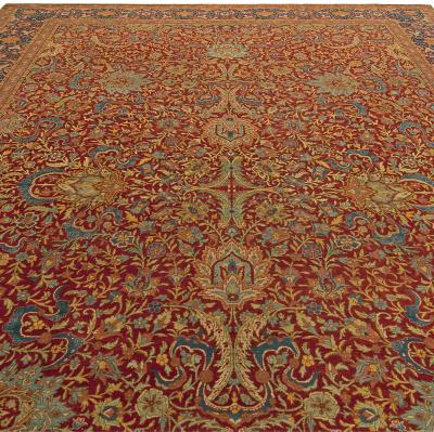 Turkish Hereke Antique Floral Red Green Blue Yellow Handmade Wool Rug