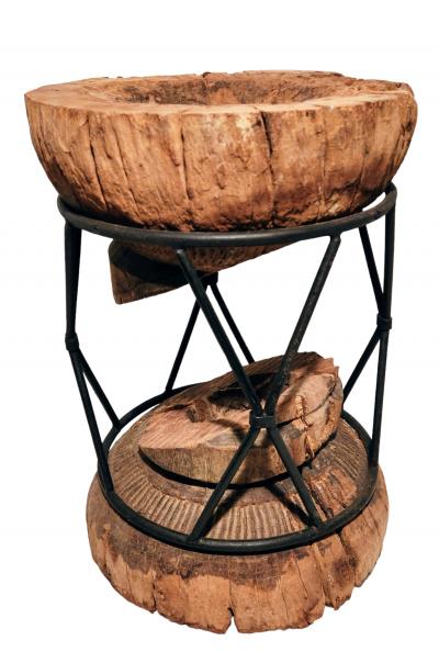 Turned 19th Century Wooden Column Encased within Iron Rod X Base Circa 1960s