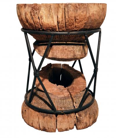 Turned 19th Century Wooden Column Encased within Iron Rod X Base Circa 1960s