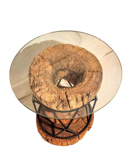 Turned 19th Century Wooden Column Encased within Iron Rod X Base Circa 1960s