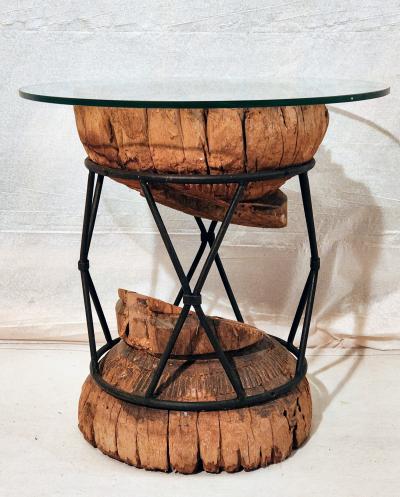 Turned 19th Century Wooden Column Encased within Iron Rod X Base Circa 1960s