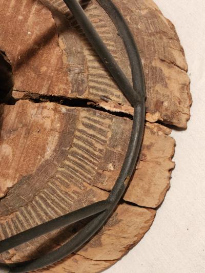 Turned 19th Century Wooden Column Encased within Iron Rod X Base Circa 1960s