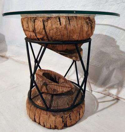 Turned 19th Century Wooden Column Encased within Iron Rod X Base Circa 1960s