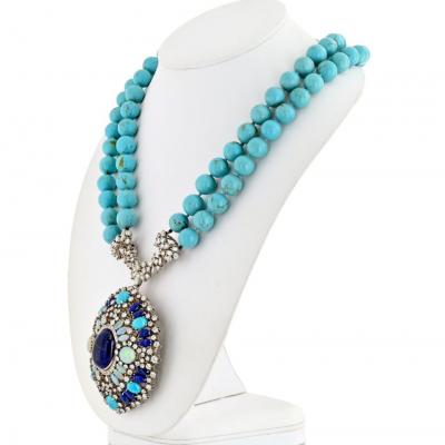 Turquoise 14K White Gold Turquoise Sapphires Diamonds Opals Necklace