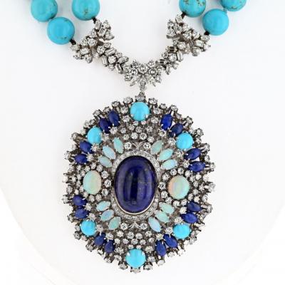 Turquoise 14K White Gold Turquoise Sapphires Diamonds Opals Necklace