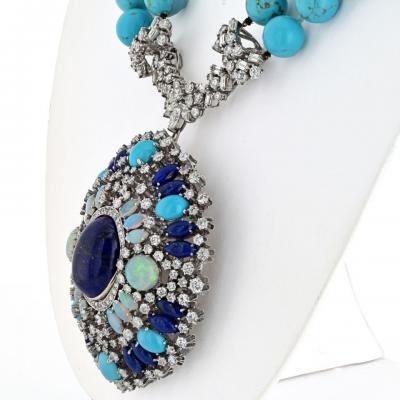 Turquoise 14K White Gold Turquoise Sapphires Diamonds Opals Necklace